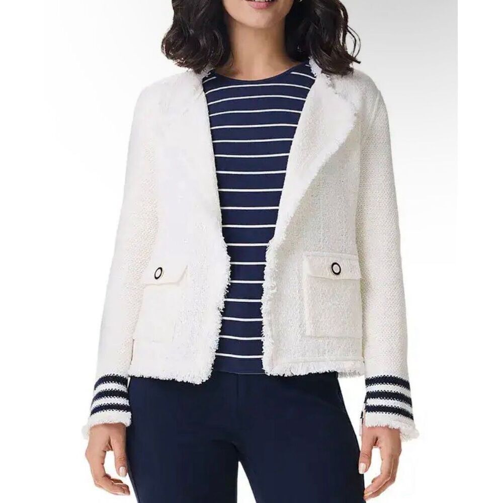 NIC & ZOE M Fringe Knit Blazer Jacket white navy